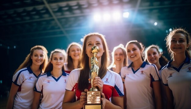 mujeres felices en vestidos de voleibol posando en la cancha de voleobol el capitán sostiene un trofeo