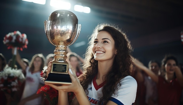 mujeres felices en vestidos de voleibol posando en la cancha de voleobol el capitán sostiene un trofeo