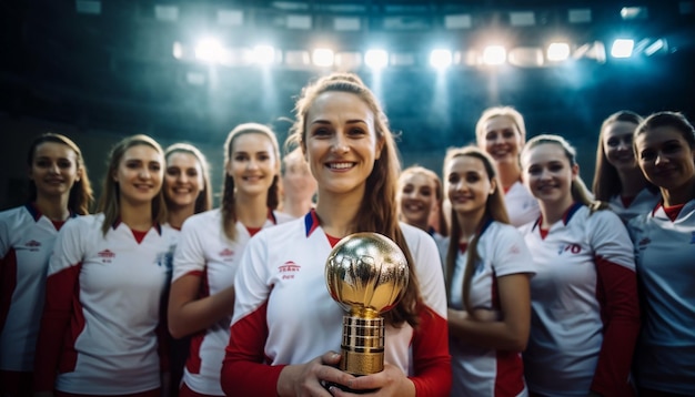 mujeres felices en vestidos de voleibol posando en la cancha de voleobol el capitán sostiene un trofeo