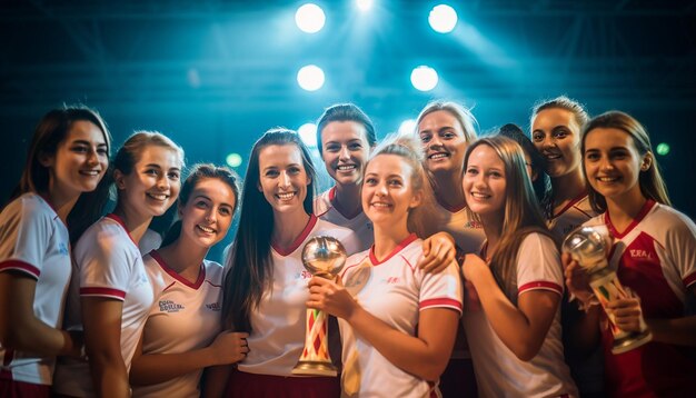 mujeres felices en vestidos de voleibol posando en la cancha de voleobol el capitán sostiene un trofeo