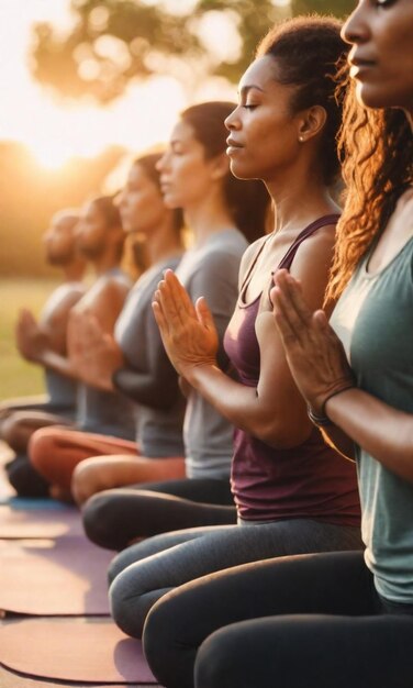 mujeres en una fila con los brazos hacia arriba meditando meditando meditando y el sol en el fondo