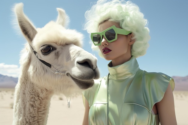 mujeres fotografía de moda futurista color pastel alpacas IA generativa