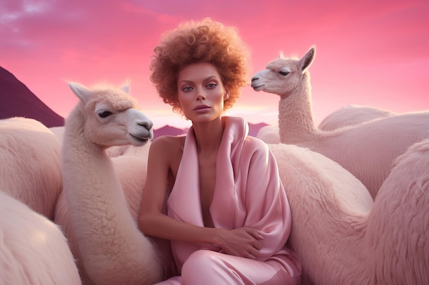 mujeres fotografía de moda futurista color pastel alpacas IA generativa