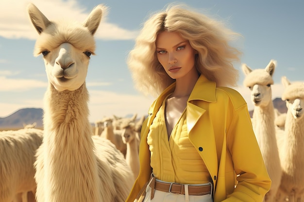 Foto mujeres fotografía de moda futurista color pastel alpacas ia generativa