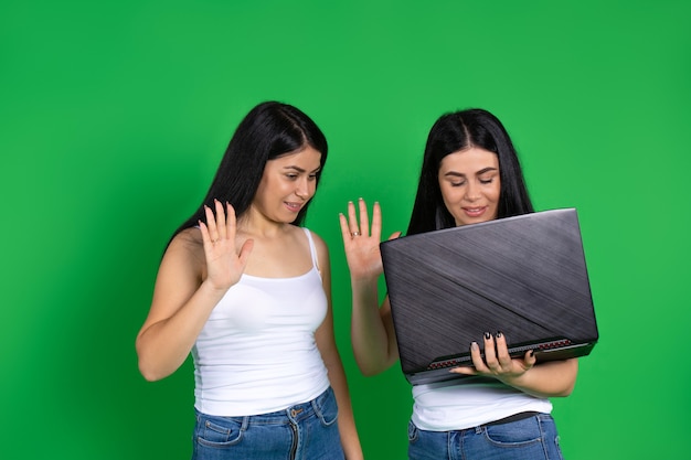 Las mujeres gemelas se comunican a través de video en la computadora portátil