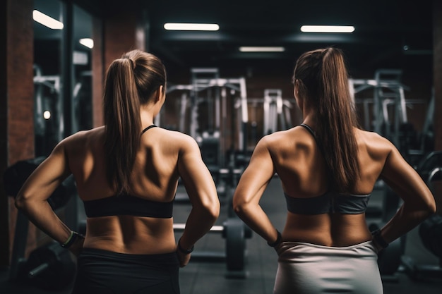 Mujeres en un gimnasio con las palabras " gimnasio " en la parte de atrás.