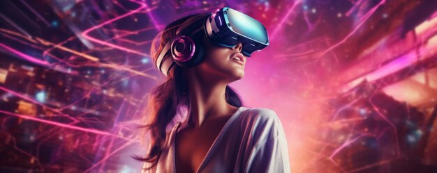 Las mujeres en Googles de realidad virtual futurista están explorando el mundo con la sensación de estar en el espacio.