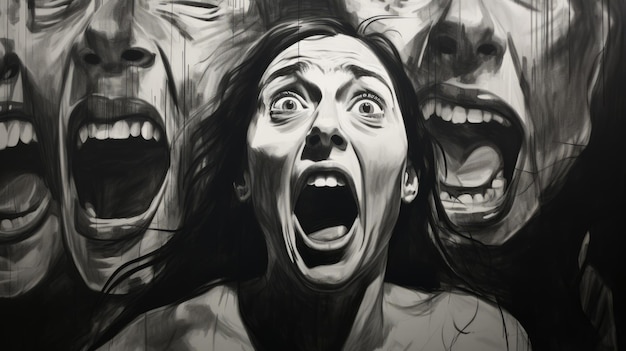 Mujeres gritadoras una poderosa pintura en blanco y negro hiperdetallada