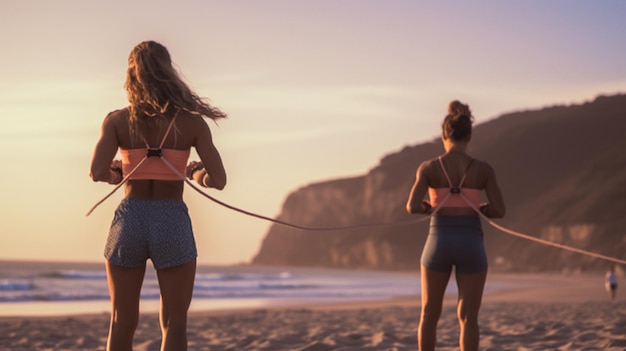 Mujeres haciendo ejercicio en la playa representando un fondo