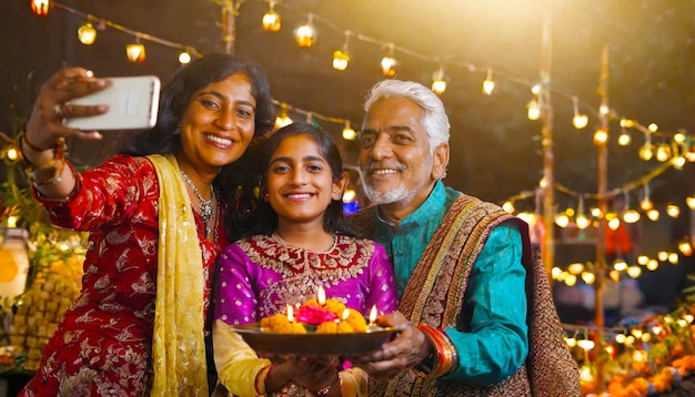 Mujeres haciendo selfies con su abuelo en Diwali