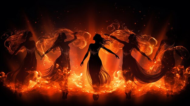 Foto mujeres hermosas bailando con fuego