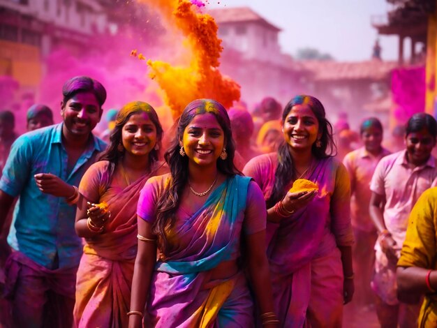 Mujeres hermosas celebran Holi en la ciudad