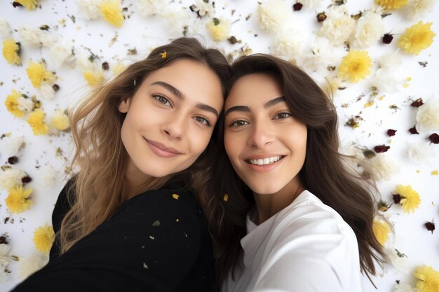 Foto mujeres hermosas con flores tomando selfies sobre un fondo blanco