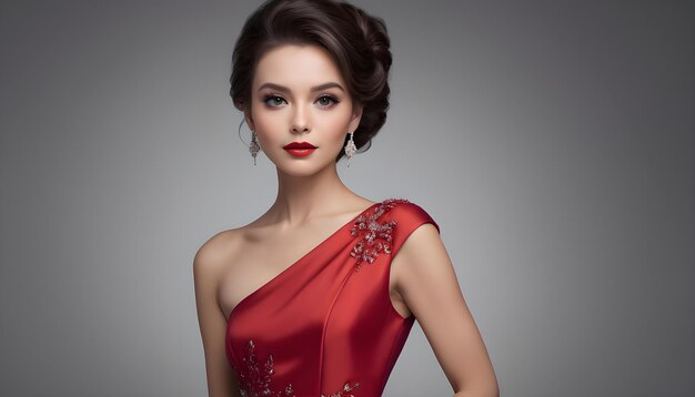 Mujeres hermosas con vestido rojo y lápiz labial rojo