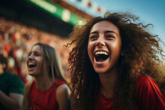 Mujeres hinchas de fútbol mujeres en el stand de fútbol apoyando a su equipo favorito emociones alegría risas y gritos de alegría y apoyo club de fans