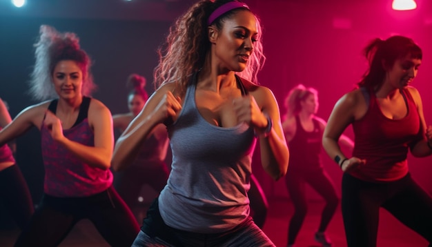 Mujeres y hombres jóvenes disfrutando del baile disco generado por IA