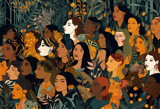 mujeres en la ilustración del bosque en estilo de dibujos animados tropicales en el movimiento de las artes negras