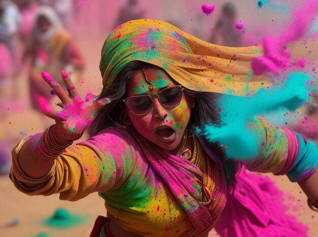 Mujeres indias arrojando polvo Holi de colores