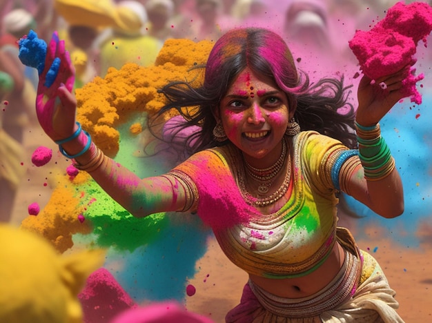 Mujeres indias arrojando polvo Holi de colores