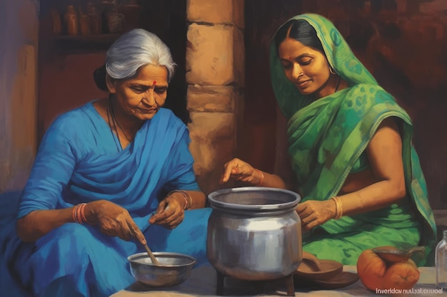 Mujeres indias cocinando y charlando