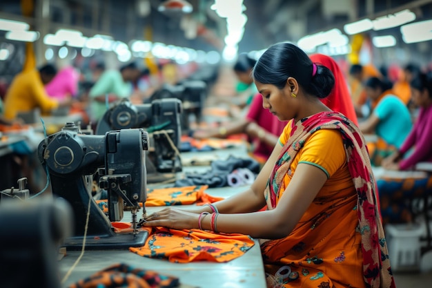 Las mujeres indias cosen ropa en la fábrica