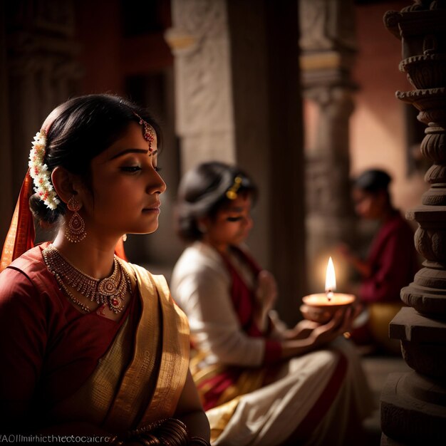 mujeres indias con joyas tradicionales haciendo pooja