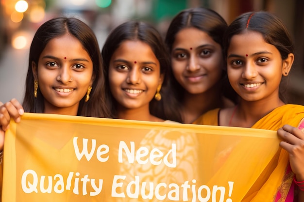 Foto mujeres indias sosteniendo una bandera con el texto necesitamos educación de calidad generativa ai