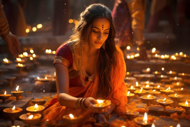 Foto mujeres indias con vestidos tradicionales encendiendo lámparas diya en el templo en la noche de diwali ritual religioso