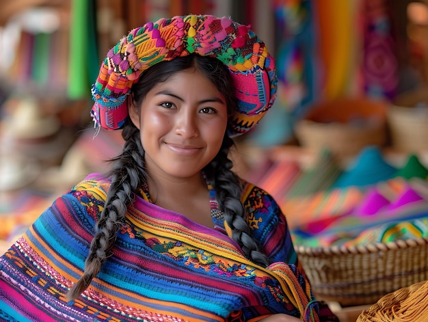 Mujeres indígenas vendiendo textiles coloridos en Perú con mercado tradicional y cultural Foto