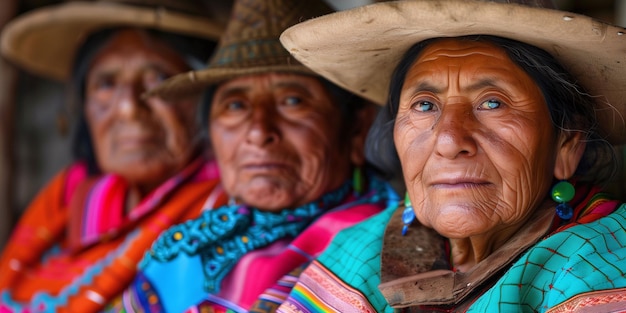 Mujeres indígenas con vestidos tradicionales compartiendo un momento