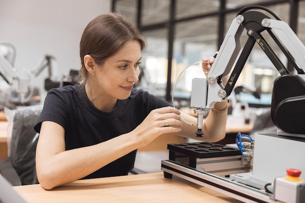 Mujeres ingenieras aprenden educación en el programa de Robótica Industrial con un modelo de simulación de brazo robótico en el aula de laboratorio de ingeniería de la universidad