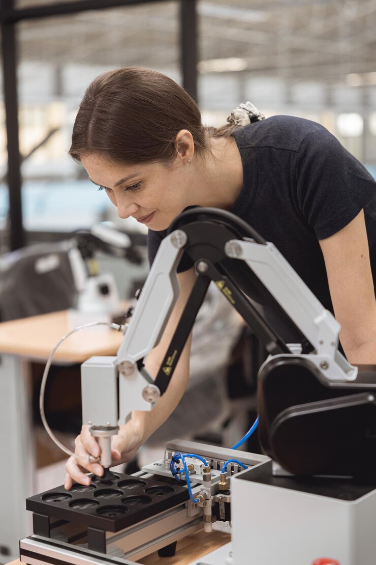 Foto mujeres ingenieras aprenden educación en el programa de robótica industrial con un modelo de simulación de brazo robótico en el aula de laboratorio de ingeniería de la universidad