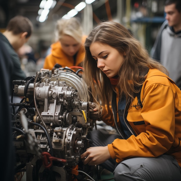 Foto mujeres en ingeniería mecánica y mantenimiento taller de formación para operadores de aeronaves y motores