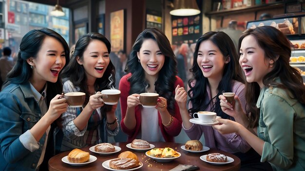 Mujeres jóvenes y alegres asiáticas sentadas en un café bebiendo café con amigas y hablando juntas.