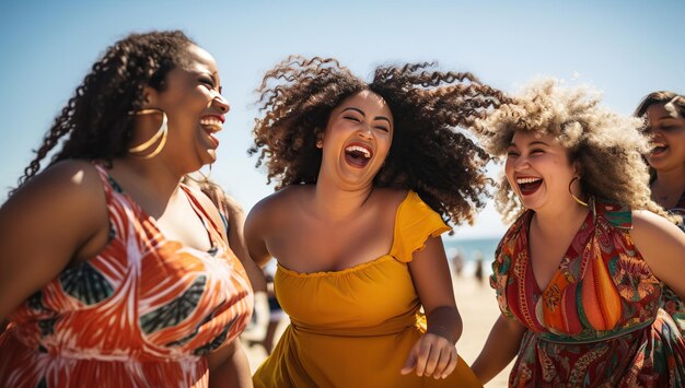 Mujeres jóvenes alegres de varias nacionalidades, incluidas afroamericanas con vestidos de verano, riendo en una playa contra el fondo del mar. El concepto de diversidad y apariencia no estándar