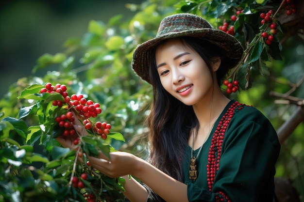 Mujeres jóvenes de Asia tradicional recolectan granos de café arábica en las montañas IA generativa