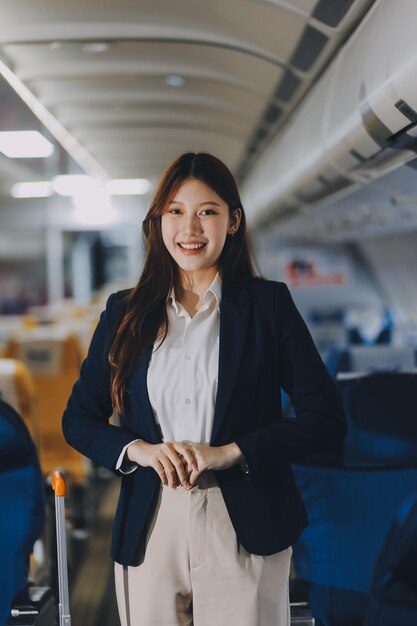 Mujeres jóvenes asiáticas pasajeras caminan en la terminal del aeropuerto hasta la puerta de embarque Amigas turistas atractivas y hermosas que se sienten felices y emocionadas de viajar al extranjero en avión para un viaje de vacaciones.
