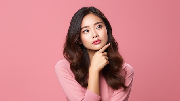 Mujeres jóvenes asiáticas pensando en sentirse confundidas aisladas sobre fondo de color rosa con espacio de copia