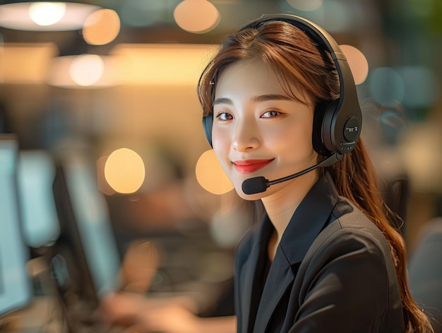 Mujeres jóvenes con auriculares en el centro de llamadas