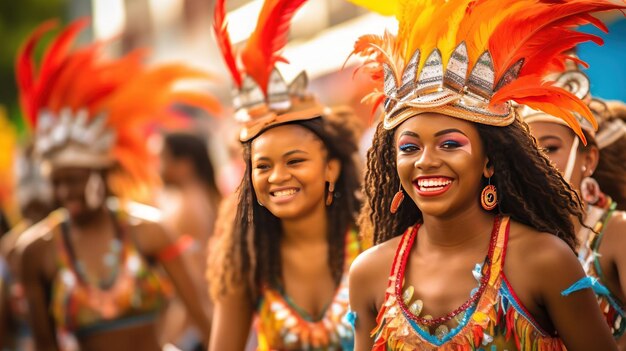 Mujeres jóvenes bailando y disfrutando del Carnaval Mujer divertida bailando Carnaval en la calle