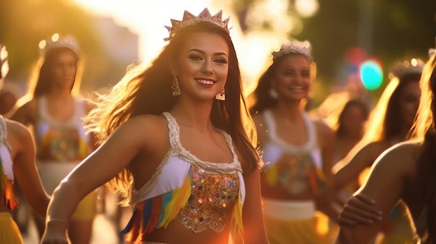 Mujeres jóvenes bailando y disfrutando del Carnaval Mujer divertida bailando Carnaval en la calle