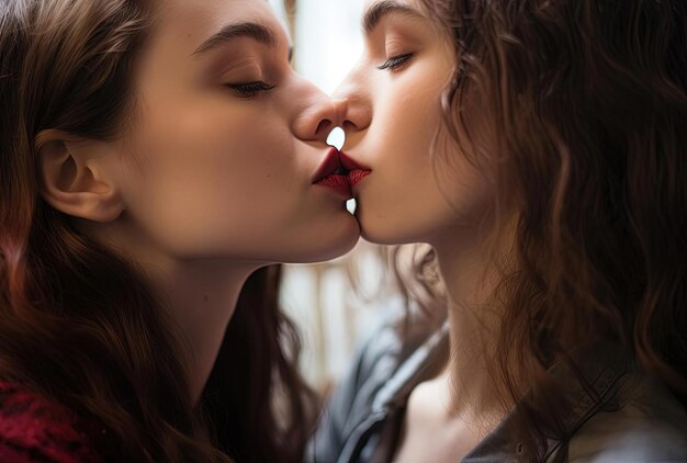 mujeres jóvenes besándose entre sí en el estilo de la experiencia sensorial