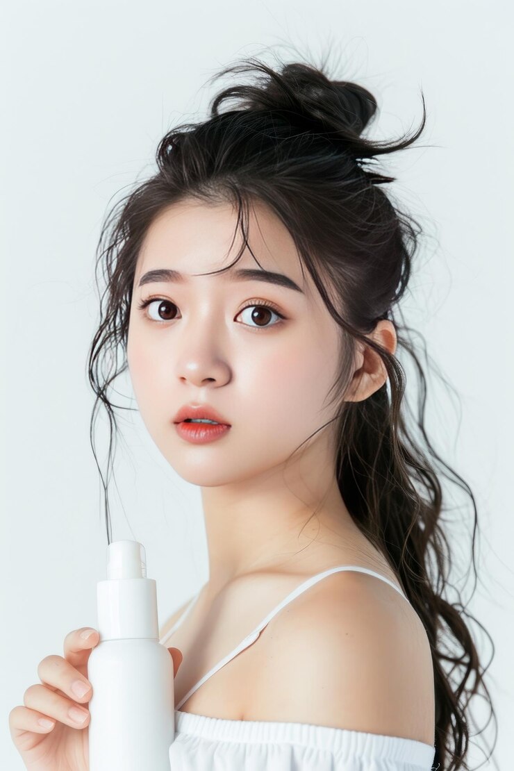 Mujeres jóvenes bonitas supermodelo de china con productos para el cuidado del cabello con expresión expresiva sin cosecha