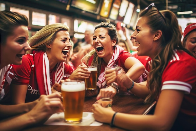 Las mujeres jóvenes celebran el triunfo del fútbol en el pub con cerveza