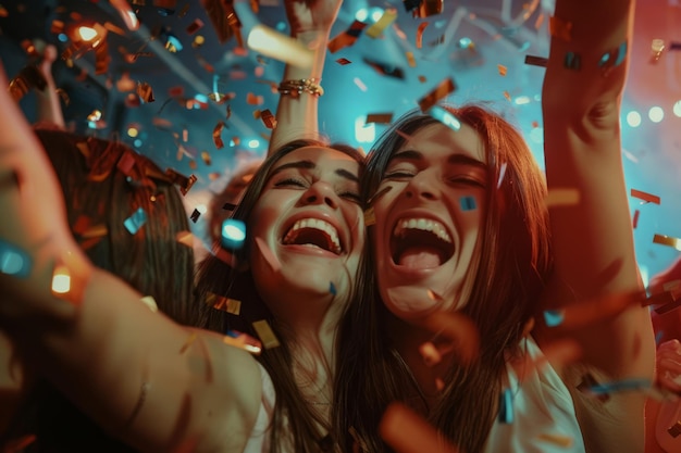 Mujeres jóvenes celebrando y divirtiéndose en una fiesta Grupo de amigas con chispas festejando en un club nocturno IA generativa