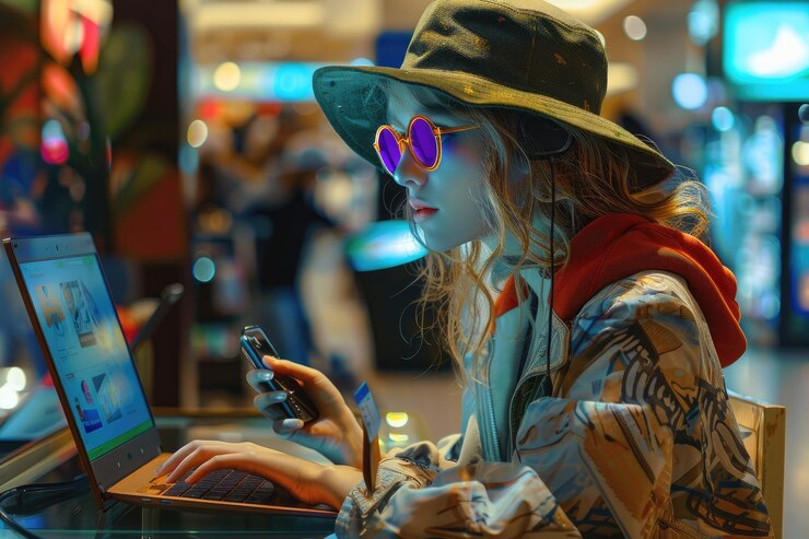 Foto las mujeres jóvenes compran por internet de manera conveniente y fácil