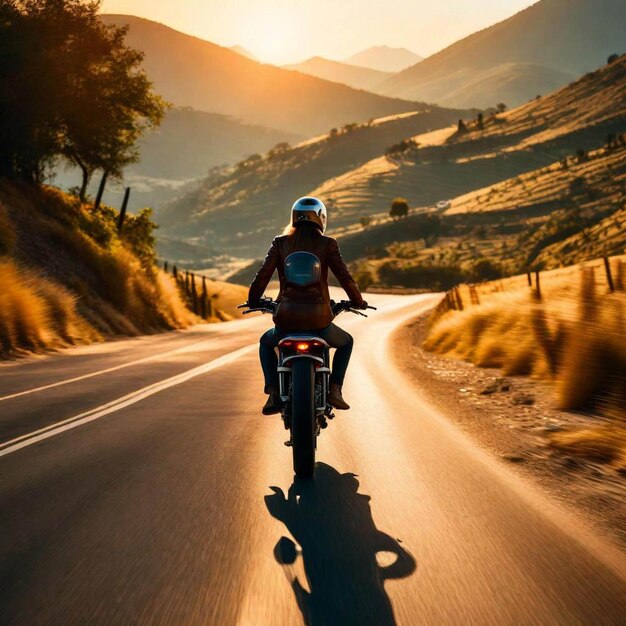 Foto mujeres jóvenes conduciendo motocicleta en la estación de la colina escena del atardecer generativa ai