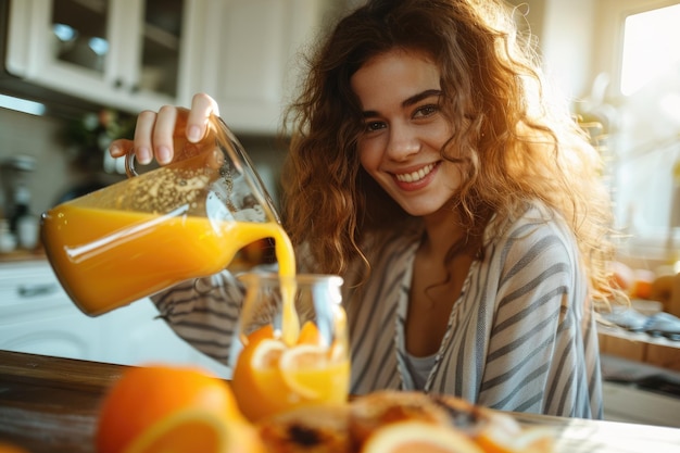 Foto las mujeres jóvenes derraman jugo de naranja.