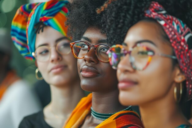Mujeres jóvenes diversas con gafas elegantes y coloridas pañuelos para la cabeza de pie juntas