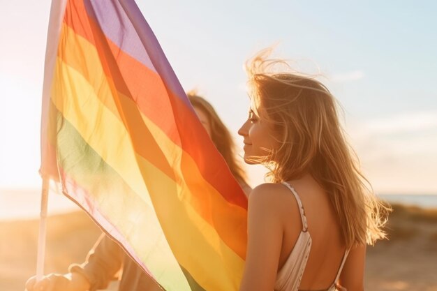 Mujeres jóvenes felices abrazando sosteniendo la bandera LGBTQ AI Generativo